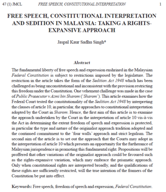 Free Speech, Constitutional Interpretation and Sedition in Malaysia: Taking a Rights-Expansive Approach