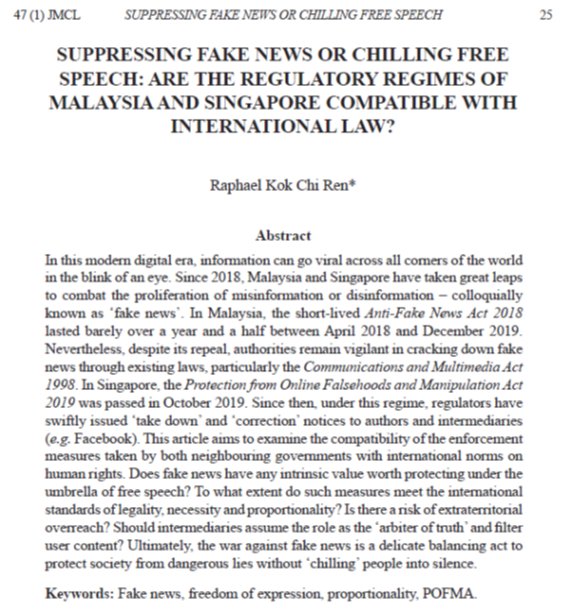 Suppressing Fake News or Chilling Free Speech: Are the Regulatory Regimes of Malaysia and Singapore Compatible With International Law?