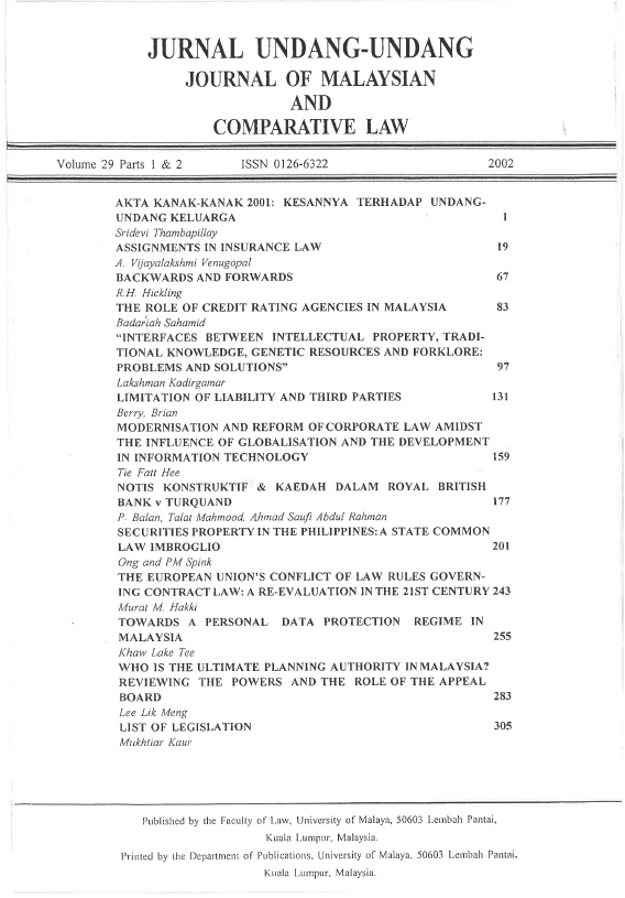					View Vol. 29 (2002): Journal of Malaysian and Comparative Law
				