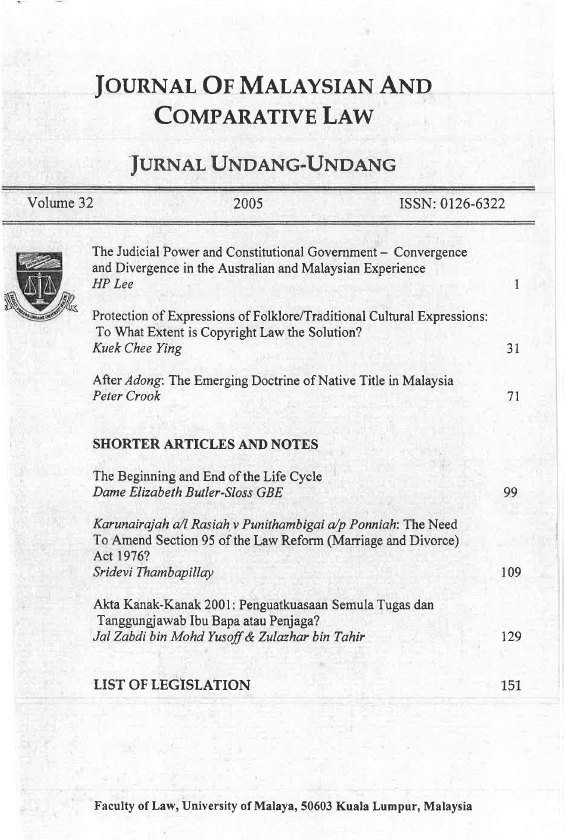 					View Vol. 32 (2005): Journal of Malaysian and Comparative Law
				