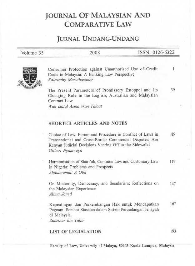 					View Vol. 35 (2008): Journal of Malaysian and Comparative Law
				