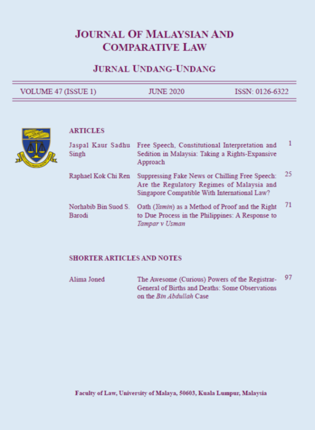 					View Vol. 47 No. 1. Jun (2020): Journal of Malaysian and Comparative Law
				